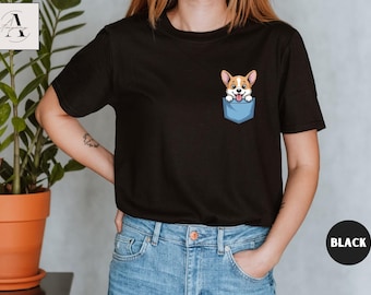 Cute Corgi Pocket Shirt Funny Dog Lover Tee Kawaii Puppy Graphic Minimalist Animal TShirt Funny Dog Mom Gift Everyday Wear T-Shirt