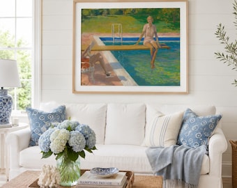 Vintage Poolside Art Print, Summer Wall Art, Retro Woman Swimming Pool Painting, Colorful Coastal Art, Vintage Palm Springs Wall Decor
