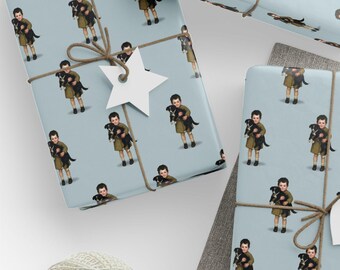 Puppy Gift Wrap, Vintage Animal Wrapping Paper, Boy & Sheepdog Illustration, Dogs Birthday Paper