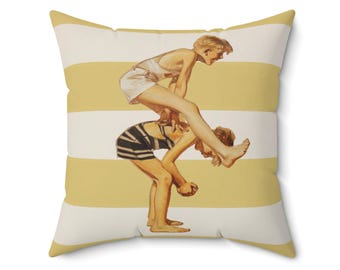 Vintage Leap Frog Throw Pillow, Retro Nursery Decor, Yellow Stripes