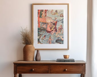 Vintage-Meerjungfrauen-Druck, Illustration zur Küstenmythologie, Fantasy-Ozeankunst-Poster