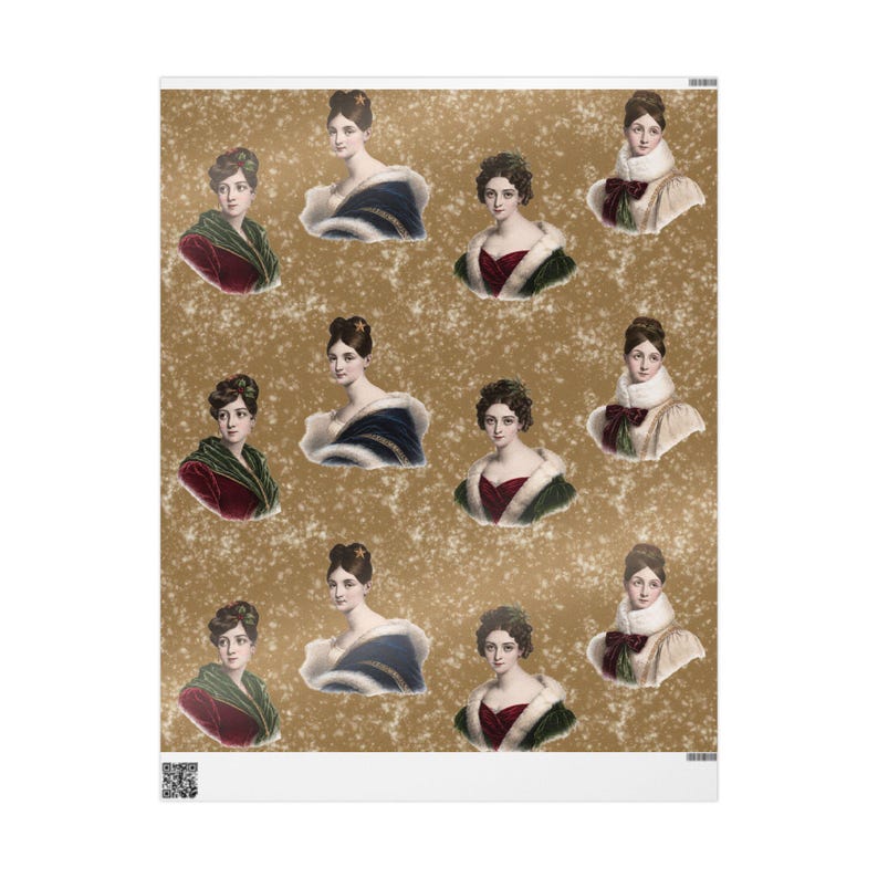K&ouml;nnte beinhalten: Ein rechteckiger Bogen Geschenkpapier mit einem sich wiederholenden Muster aus Portr&auml;ts von Frauen in formeller Kleidung im Vintage-Stil. Der Hintergrund ist in einem strukturierten, gesprenkelten Goldton gehalten.
