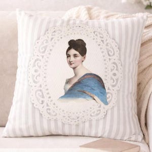 Victorian Portrait Pillow Cover, Lace Medallion, Neutral Stripes, Bridgerton-Inspired Decor