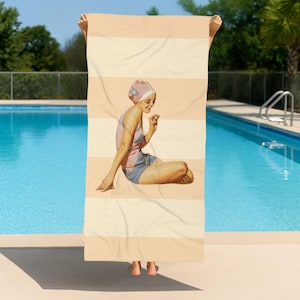 Fun Character Beach Towel, 1920s Vintage Illustration Towel, Summer Pool Accessory, Retro Decor, Relaxing Beach Gift, Stripe Beach Towel