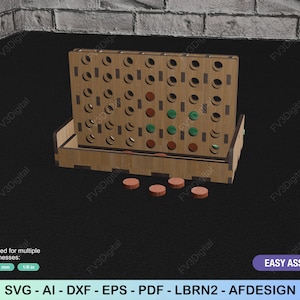 K&ouml;nnte beinhalten: Ein Connect Four-Spiel aus Holz mit roten und gr&uuml;nen Spielsteinen. Das Spielbrett hat einen rechteckigen Rahmen mit mehreren L&ouml;chern. Die Spielsteine sind kreisf&ouml;rmig und befinden sich in der Ablage darunter. Der Text "EASY ASSEMBLY" ist sichtbar.