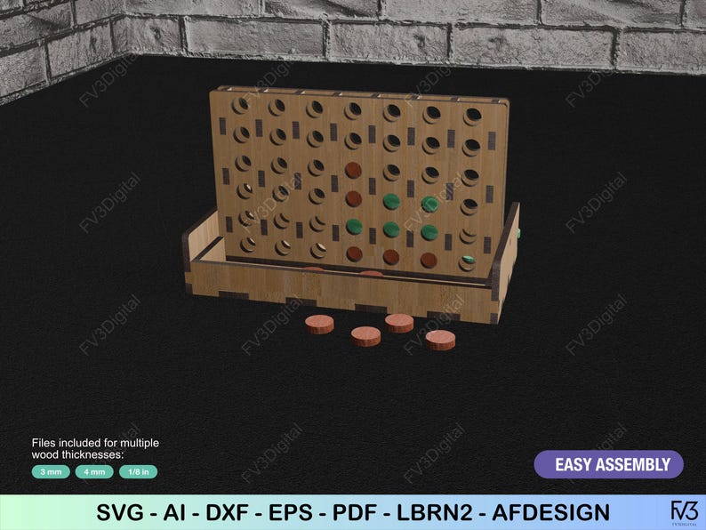 K&ouml;nnte beinhalten: Ein Connect Four-Spiel aus Holz mit roten und gr&uuml;nen Spielsteinen. Das Spielbrett hat einen rechteckigen Rahmen mit mehreren L&ouml;chern. Die Spielsteine sind kreisf&ouml;rmig und befinden sich in der Ablage darunter. Der Text "EASY ASSEMBLY" ist sichtbar.