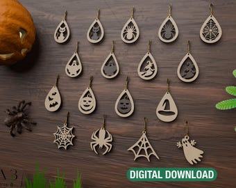 May include: A set of 16 Halloween-themed earrings featuring various designs, including spiders, ghosts, pumpkins, bats, witches hats, and web patterns. The earrings are made of wood and have a natural finish.