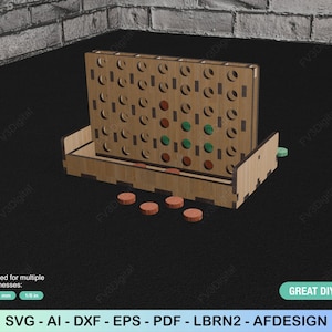 K&ouml;nnte beinhalten: Ein Connect-Four-Spiel aus Holz mit braunem Rahmen und kreisf&ouml;rmigen L&ouml;chern. Das Spiel enth&auml;lt braune, gr&uuml;ne und rote Spielsteine. Der Text "GREAT DIY GAME" ist unten rechts sichtbar.