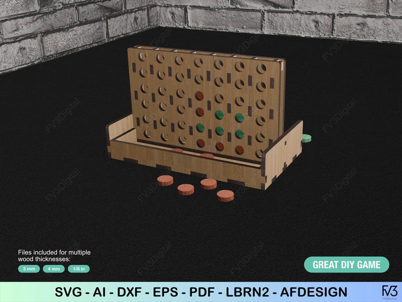 K&ouml;nnte beinhalten: Ein Connect-Four-Spiel aus Holz mit braunem Rahmen und kreisf&ouml;rmigen L&ouml;chern. Das Spiel enth&auml;lt braune, gr&uuml;ne und rote Spielsteine. Der Text "GREAT DIY GAME" ist unten rechts sichtbar.