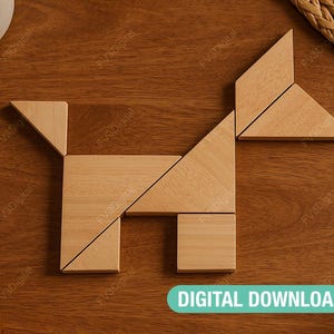 May include: A wooden tangram puzzle arranged in the shape of a dog, composed of various geometric shapes. The puzzle is set on a wooden surface, with the words "DIGITAL DOWNLOAD" in a teal banner at the bottom.