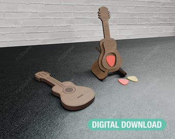 May include: A wooden guitar stand with a guitar and three guitar picks. The stand is brown and the guitar is brown with a red pickguard. The picks are pink, yellow, and orange.