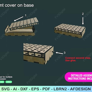 K&ouml;nnte beinhalten: Diagramm zum Zusammenbau einer Holzbox mit perforiertem Deckel. Das Bild zeigt die Schritte zum Anbringen des Deckels an der Basis, mit Pfeilen, die den Montageprozess anzeigen. Der Text enth&auml;lt "Mount cover on base" und "Detailed assembly instructions included."