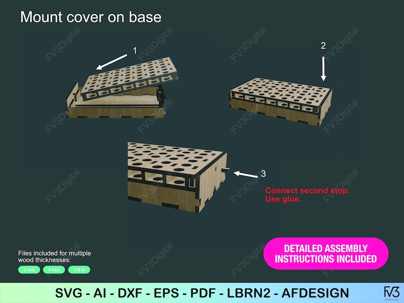 K&ouml;nnte beinhalten: Diagramm zum Zusammenbau einer Holzbox mit perforiertem Deckel. Das Bild zeigt die Schritte zum Anbringen des Deckels an der Basis, mit Pfeilen, die den Montageprozess anzeigen. Der Text enth&auml;lt "Mount cover on base" und "Detailed assembly instructions included."