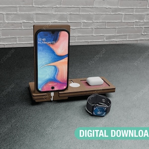 File tagliati al laser per docking station. Supporto per telefono, caricabatterie per smartwatch e scatola per cuffie. File svg per docking station facili da assemblare.