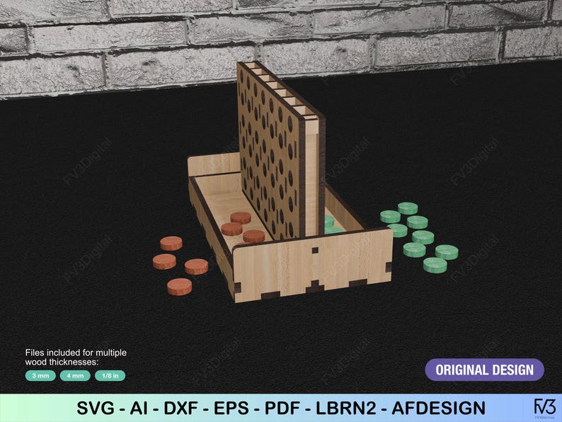K&ouml;nnte beinhalten: Connect Four-Spiel aus Holz mit einem vertikalen Schlitzbrett und einer Ablage. Enth&auml;lt orangefarbene und gr&uuml;ne Spielsteine. Das Design ist lasergeschnitten. Der Text "ORIGINAL DESIGN" und "SVG - AI - DXF - EPS - PDF - LBRN2 - AFDESIGN" ist ebenfalls enthalten.