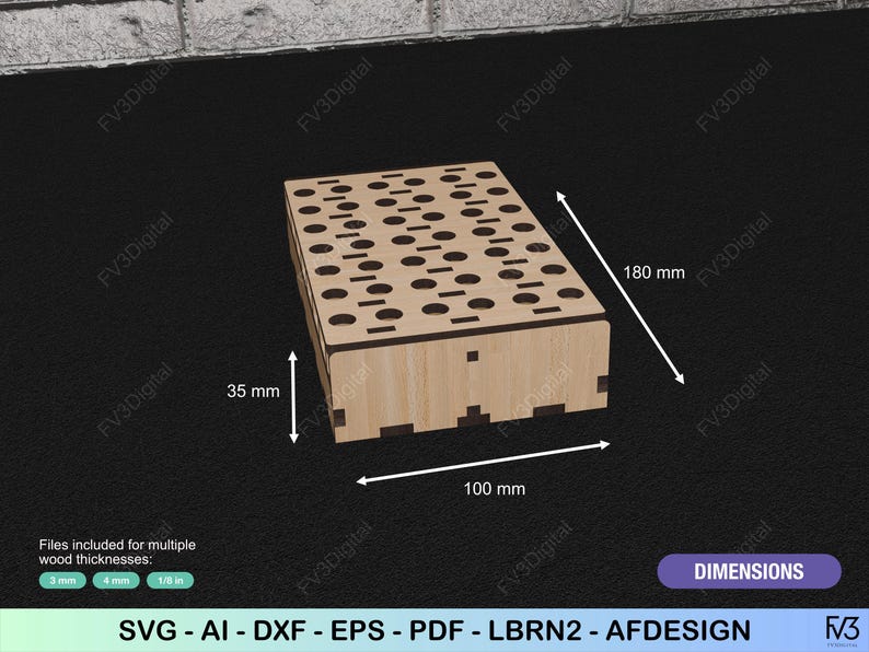 K&ouml;nnte beinhalten: Holzkiste mit Laser-Cut-Design, mit einer Reihe von kreisf&ouml;rmigen und rechteckigen L&ouml;chern auf der Oberseite. Die Kiste misst 100 mm x 180 mm x 35 mm. Das Design beinhaltet Dateien f&uuml;r verschiedene Holzst&auml;rken.