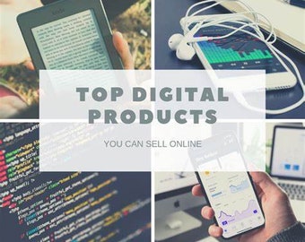Może przedstawiać: Kolaż obrazów prezentujących różne rodzaje produktów cyfrowych, które można sprzedawać online. Obrazy obejmują czytnik e-booków, smartfon wyświetlający wykres, kod na ekranie komputera i smartfon wyświetlający aplikację finansową. Tekst "TOP DIGITAL PRODUCTS YOU CAN SELL ONLINE" jest wyświetlany w szarym polu.