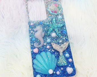 Mermaid Phone Case: Glitter Ocean Theme, Handmade Custom Case