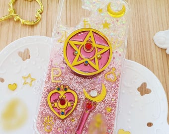 Iridescent-Pink Glitter Phone Case with a Star Compact for iPhone and Samsung Phones / Guardian Moon Case