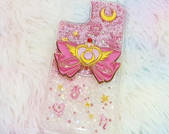 Magical Girl Phone Case: Pink Glitter Resin with Bow, Custom Name Available