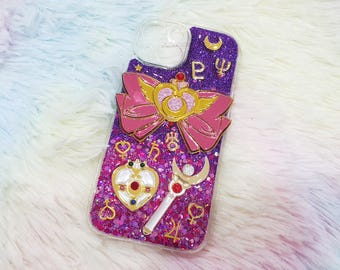 Magical Girl Glitter Resin Phone Case: Kawaii Bow, Wand & Heart