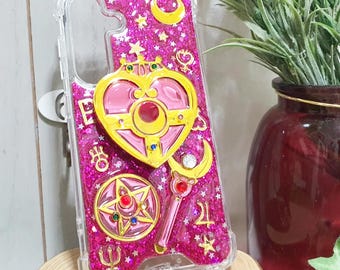 Hot Pink Glitter Phone Case: Heart Charm, Personalized Name