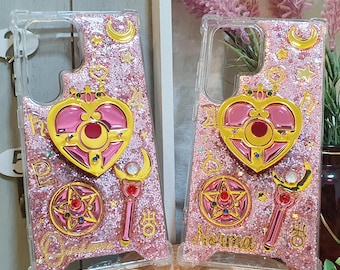 Roze telefoonhoesje glitter: hartbedel, aangepaste naam iPhone en Samsung