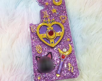 Personalized Purple Glitter Phone Case: Heart Charm, Moon Design