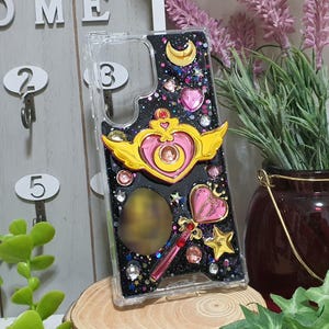 Magical Girl Aesthetic Phone Case - Black Glitter Resin with Heart Wings and Heart Wand Charm (Optional Phone Grip Add-On)