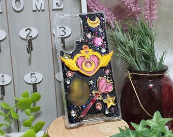Magical Girl Aesthetic Phone Case - Black Glitter Resin with Heart Wings and Heart Wand Charm (Optional Phone Grip Add-On)