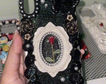 Black Baroque Decoden Phone Case: Luxury Rose, Pearls & Glitter