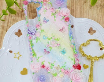 Rainbow Floral Decoden Phone Case: Handmade Rococo Style