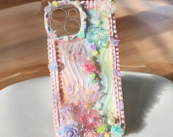 Funda para teléfono con diseño floral de sirena / Funda para teléfono con diseño de océano kawaii pastel / Funda Fairycore hecha a mano con revestimiento de resina 3D