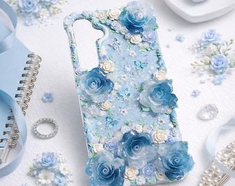 Blue Luxury Decoden Rococo Style Flowers Phone Case for iPhone and Samsung Phones