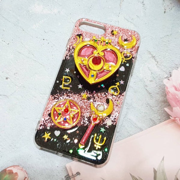 Black - Pink Glitter Phone Case with a Heart Compact Charm for iPhone and Samsung Phones