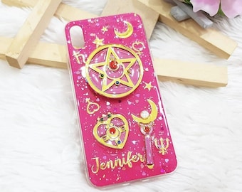 Magical Girl Phone Case | Solid Hot Pink with  Glitter, Star Charm, Moon Case