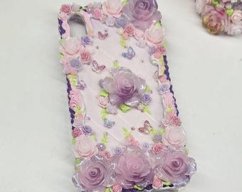 Pastel Purple Decoden Phone Case: Fairycore Floral 3D Kawaii