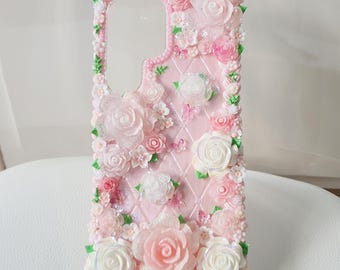 Handmade Pink Pearlescent Decoden Case, 3D Floral Phone Case, Custom Red iPhone Samsung Cover, Luxury Flower Case, Aesthetic Princesscore