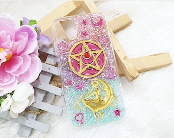 Glitter Guardian Moon Phone Case with Star Charm: Custom iPhone & Samsung