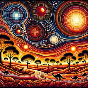 Puede incluir: Una pintura abstracta colorida con un patrón de puntos y líneas en espiral. La pintura presenta una variedad de colores, incluyendo rojo, naranja, amarillo, azul y verde. La pintura está sobre un fondo oscuro. Hay varias siluetas de árboles y canguros en primer plano.