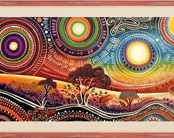 魅惑的な風景画アボリジニのドットアート、カラフルな円形模様の