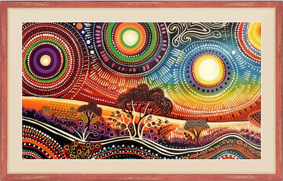 魅惑的な風景画アボリジニのドットアート、カラフルな円形模様の
