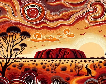 May include: A digital painting of Uluru, also known as Ayers Rock, in Australia. The rock formation is depicted in red and brown tones, with a bright orange sky above. The sky is filled with swirling patterns of dots, reminiscent of Aboriginal art. A kangaroo stands in the foreground, and a small tree is on the left side of the image.