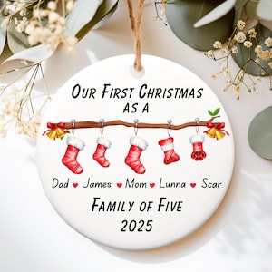 Our First Christmas as a Family Ceramic Ornament, Custom Stockings Name Bauble, Unique Keepsake Christmas Gift For New Family of 5, MR-CH-Z