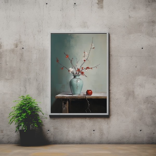 Shang Dynasty Inspired Red Vase and Delicate Flowers Digital Art - Beige and Aquamarine Printable Backlit Composition - Instant Art Download