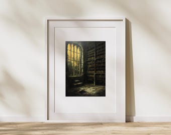 May include: A framed photograph of a room with a large arched window and a bookshelf filled with books. The room is dimly lit, and the window is letting in a beam of sunlight. The floor is covered in dust and debris.