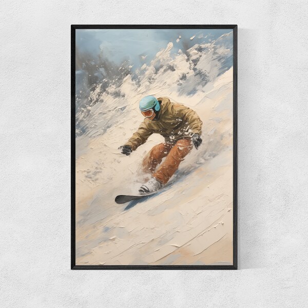 Snowboarder Oil Painting - Muted Tones Impasto Art, Side View Design for Personal Use - Printable Digital Artwork, Instant Download