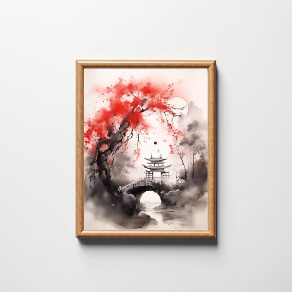 Sumi-e Ink, Red Sun, Cherry Blossom, Herb Tea Garden Wall Art - Inner Peace and Balance Decor Digital Art Download, Japanese Style Wall Art