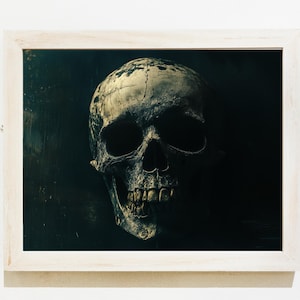 May include: A framed black and white photograph of a human skull. The skull is positioned in the center of the image and is facing the viewer. The background is a dark, textured surface.
