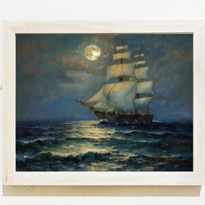 Moonlit Voyage: Old Sailing Ship under Full Moon, Illuminated by Soft Light. Mysterious Maritime Scene. digital wall art, instant download